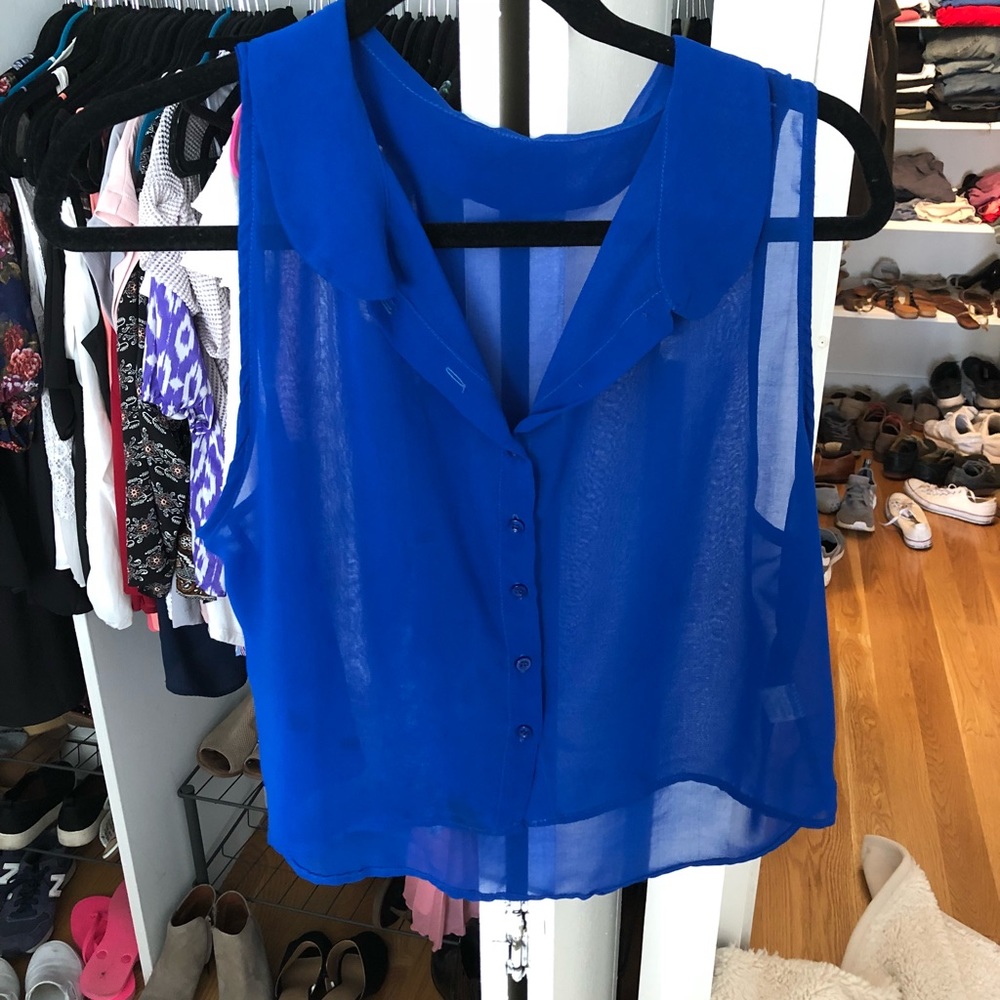 Sheer cropped royal blue tank with collar